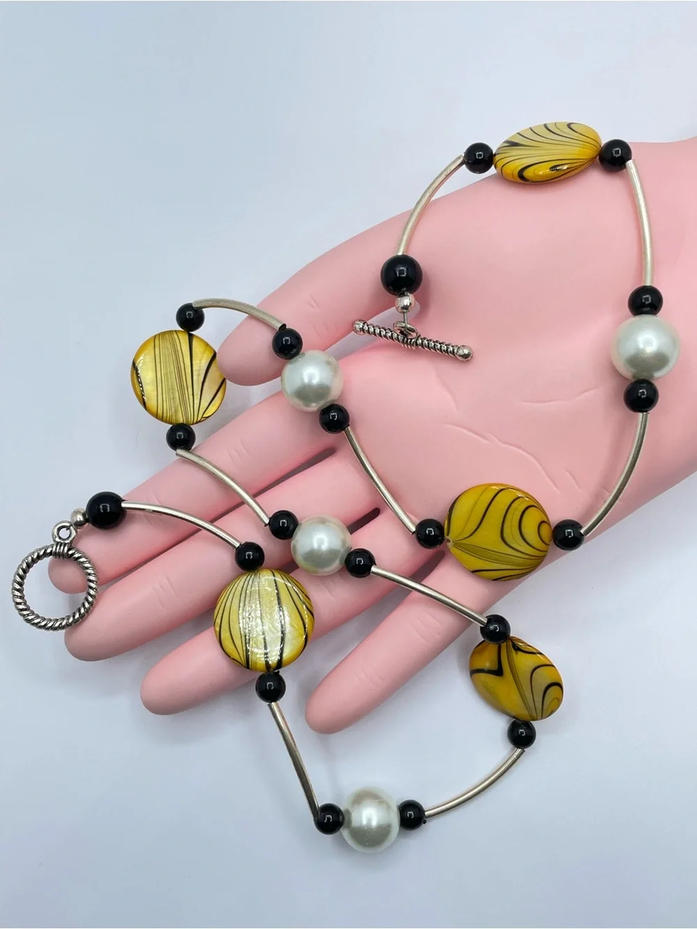 Silver Tone Beaded Necklace MOP Disc Faux Pearl Black Bead Toggle Boho